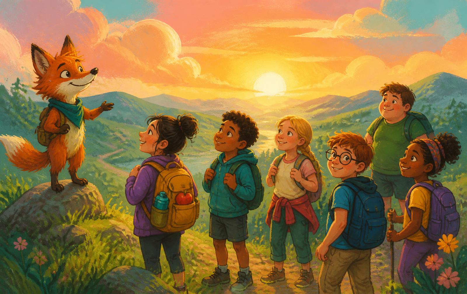 A group of kids setting out along a sunrise hilltop trail